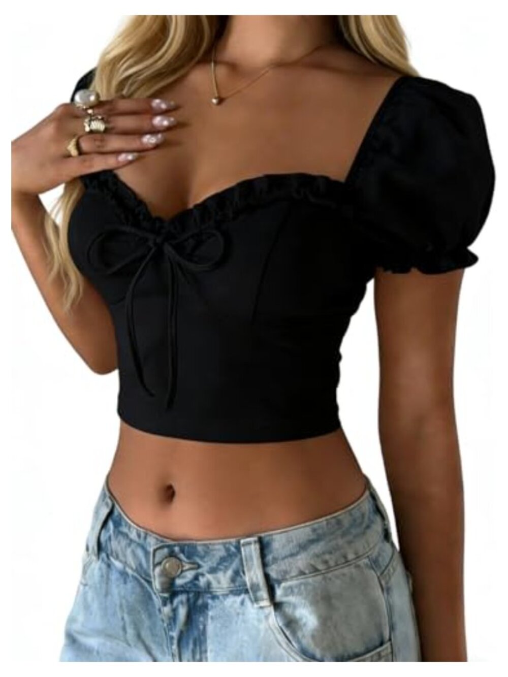 Women's Frill Trim Sweetheart Neck Tie Front Puff Sleeve Crop Blouse Top